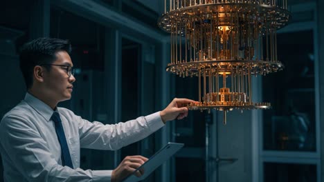 exploring quantum technology: a researcher interacting with a quantum computing device in a modern laboratory environment