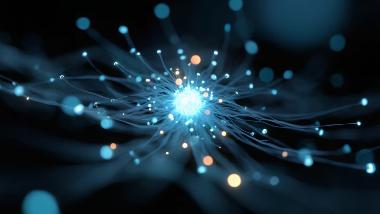 Visualizzazione dinamica di particelle energetiche che si irradiano con luce blu su uno sfondo scuro, creando una rappresentazione astratta di fenomeni cosmici in movimento