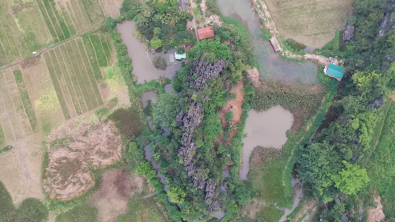 베트남 시골, 큰 석회암 바위, 탐콕, 닌빈, 베트남의 논을 위에서 아래로 내려다보는 공중 전망