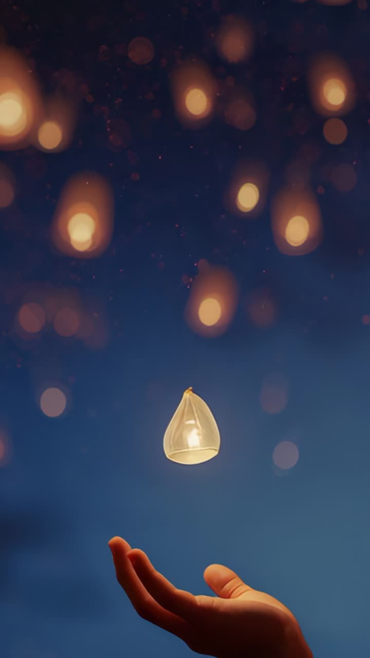 Vertical video: Unseen hand catching descending lantern and releasing at lantern release event