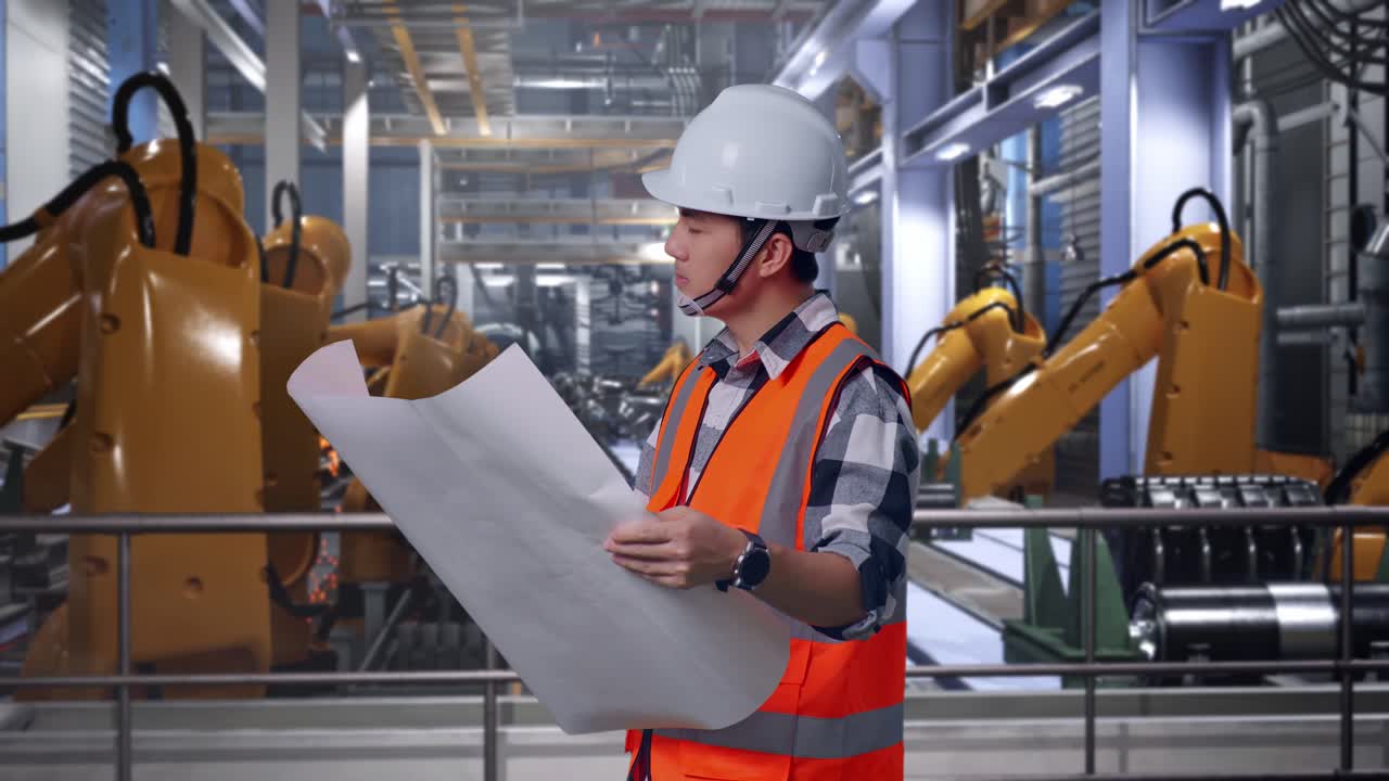 Side View Of Asian Male Engineer With Safety Helmet Looking At Blueprint In His Hands And Looking Around While Standing With Industrial Robotic Arms Working