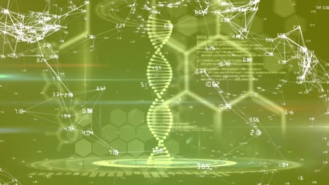 animación de la cadena de adn, procesamiento de datos médicos y estructuras de compuestos químicos en fondo verde