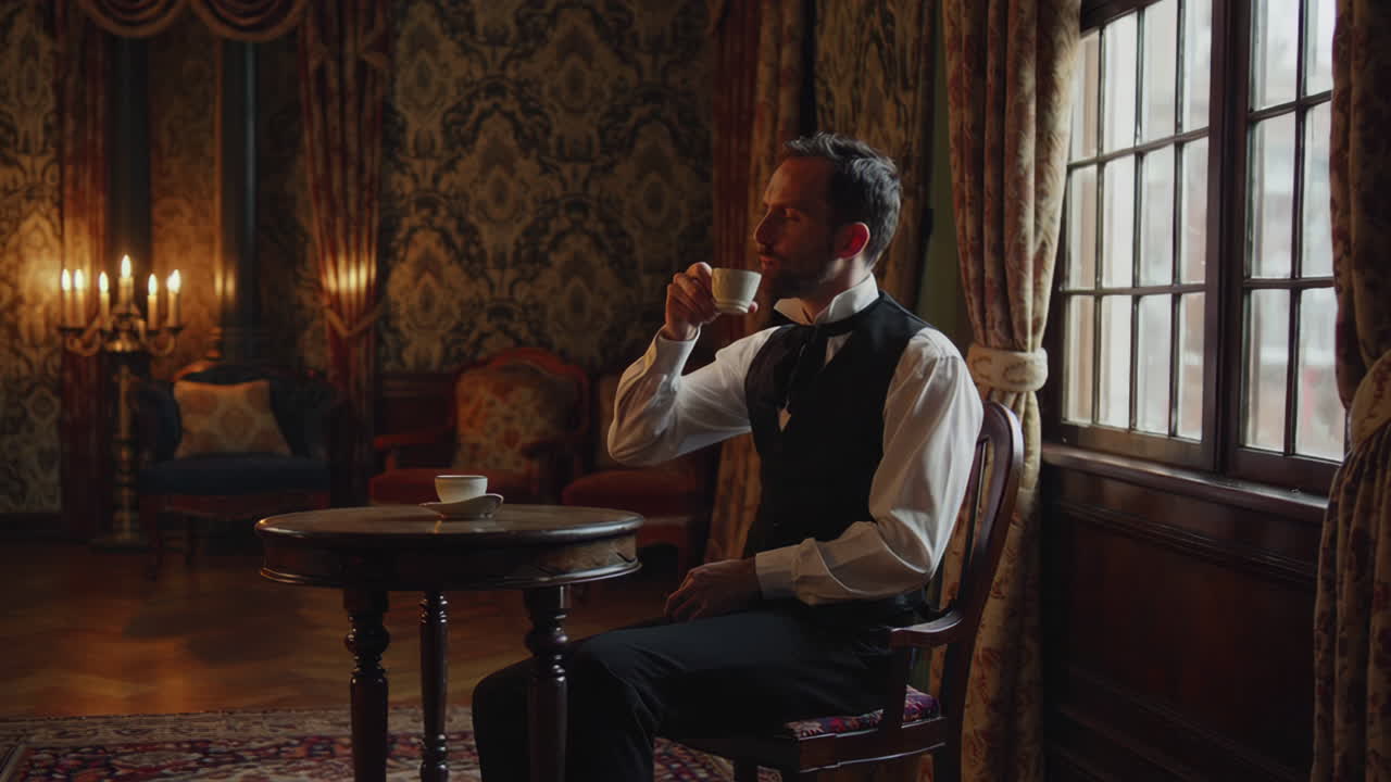 A man drinks tea in an elegant, historical room