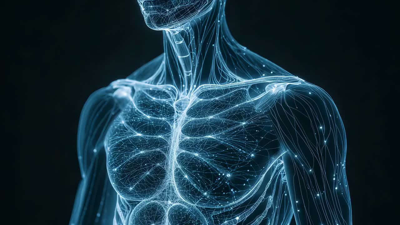 Animazione di busto traslucido che ruota in uno studio buio, rivelando una rete neurale e clavicole luminose