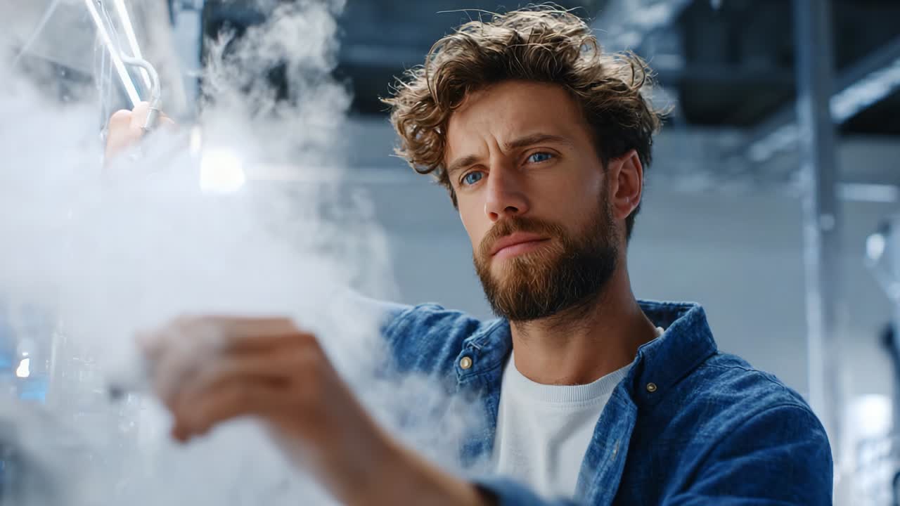 A Focused Individual Engaging in Creative Endeavors While Manipulating Tools in a Cloud of Vapor, Capturing the Essence of Innovation and Artistic Expression Through Thoughtful Actions and Intense Concentration