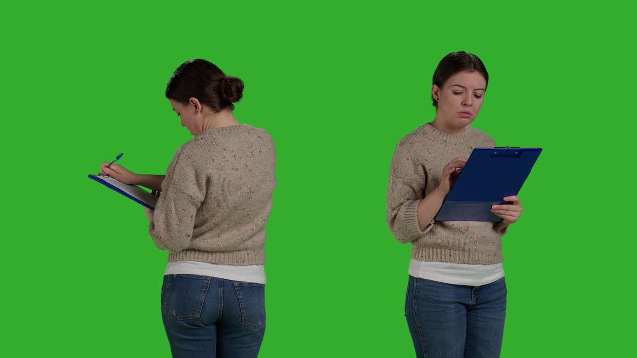 Mulher escrevendo em uma prancheta em frente a um fundo verde