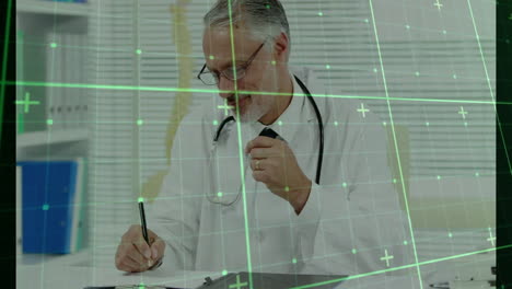 doctor writing on clipboard, green grid animation over medical office