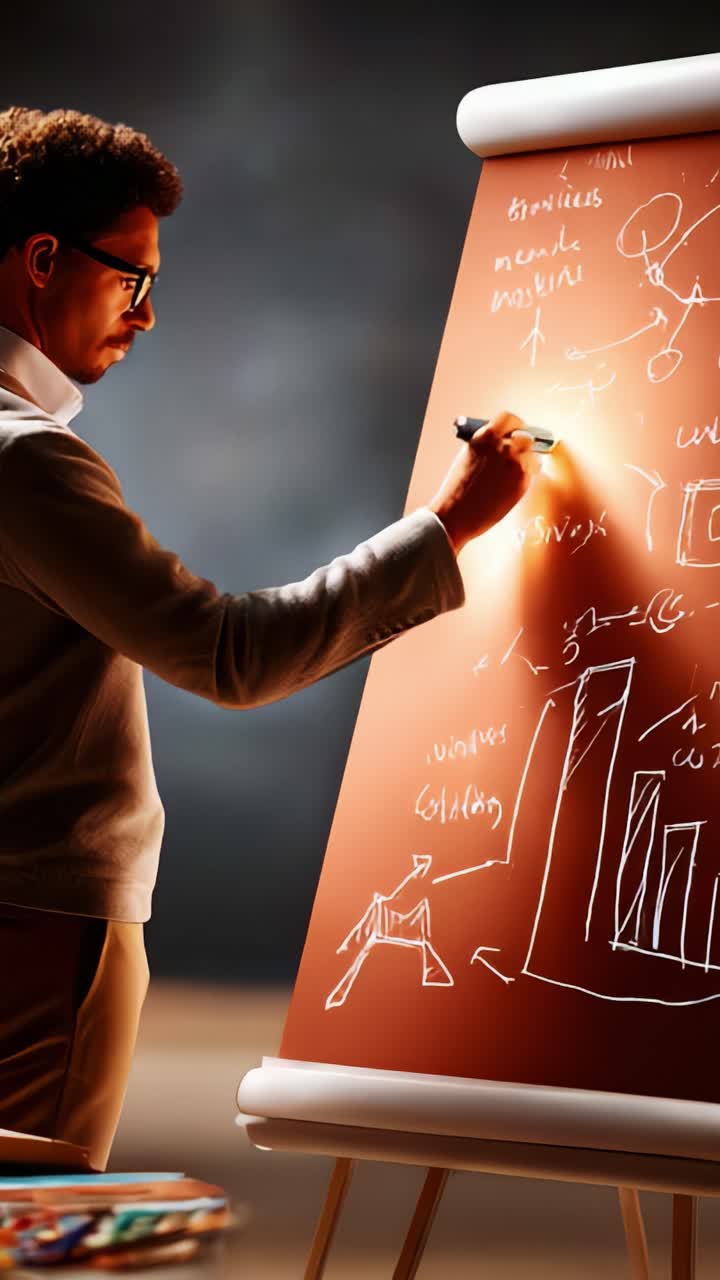 Persona concentrata impegnata in attività di pianificazione creativa e analisi su una lavagna, visualizzando idee, concetti e grafici per scopi didattici o professionali