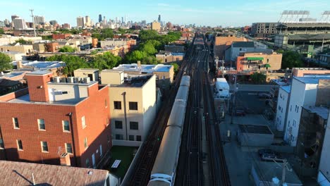 Passenger-train-on-elevated-train-tracks-outside-of-downtown-Chicago