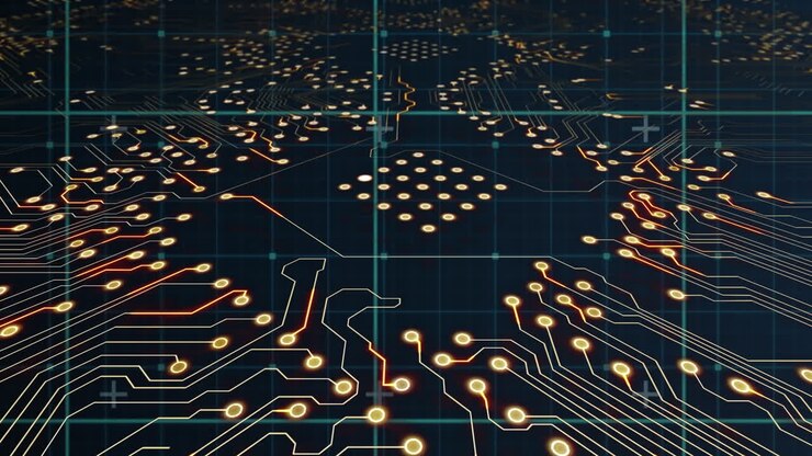 Animazione digitale di rete a griglia su connessioni di microprocessori su sfondo blu.
