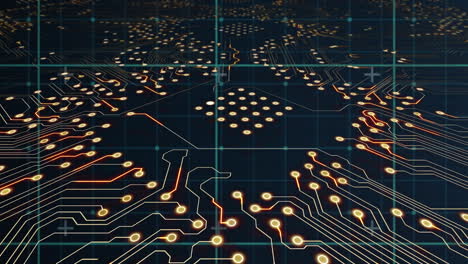 Digital animation of grid network against microprocessor connections on blue background