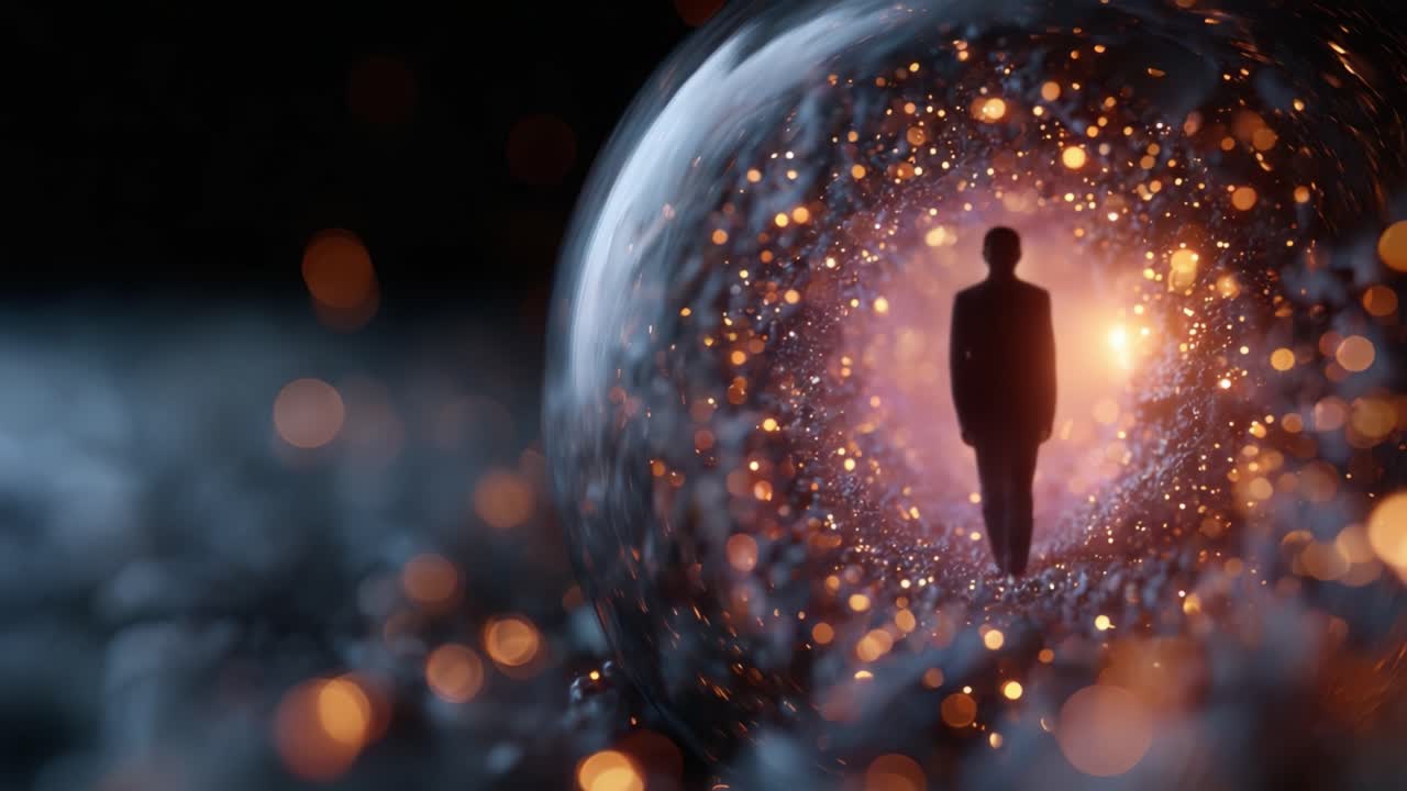 A Mysterious Figure Emerging from a Cosmic Bubble of Sparkling Lights in an Enigmatic Dreamlike Realm, Capturing the Essence of Exploration and Discovery