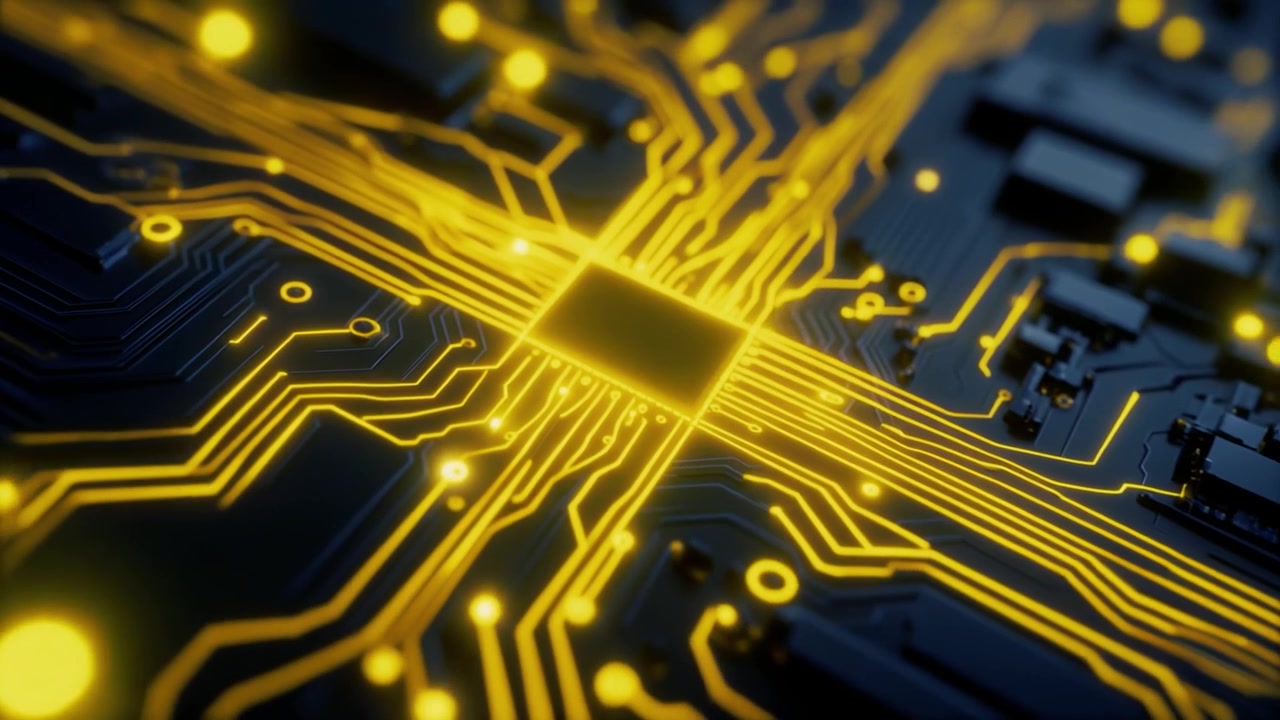 Glødende data strømmer igennem et computerprocessor-printkort