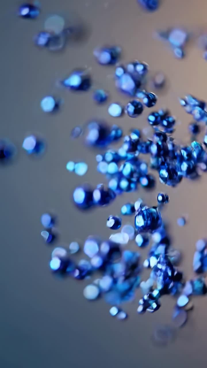 Close-up video of blue beads suspended in mid-air, captured from a low angle