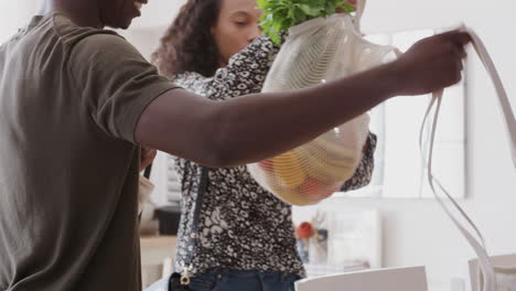 couple returning home from shopping trip unpacking plastic free grocery bags