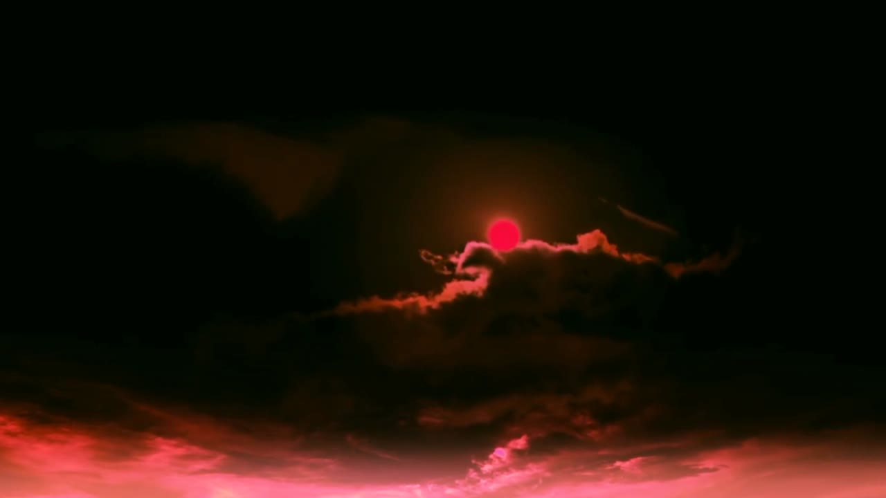 흑하늘 스타일의 판타지와 태양 일식이 배경입니다.