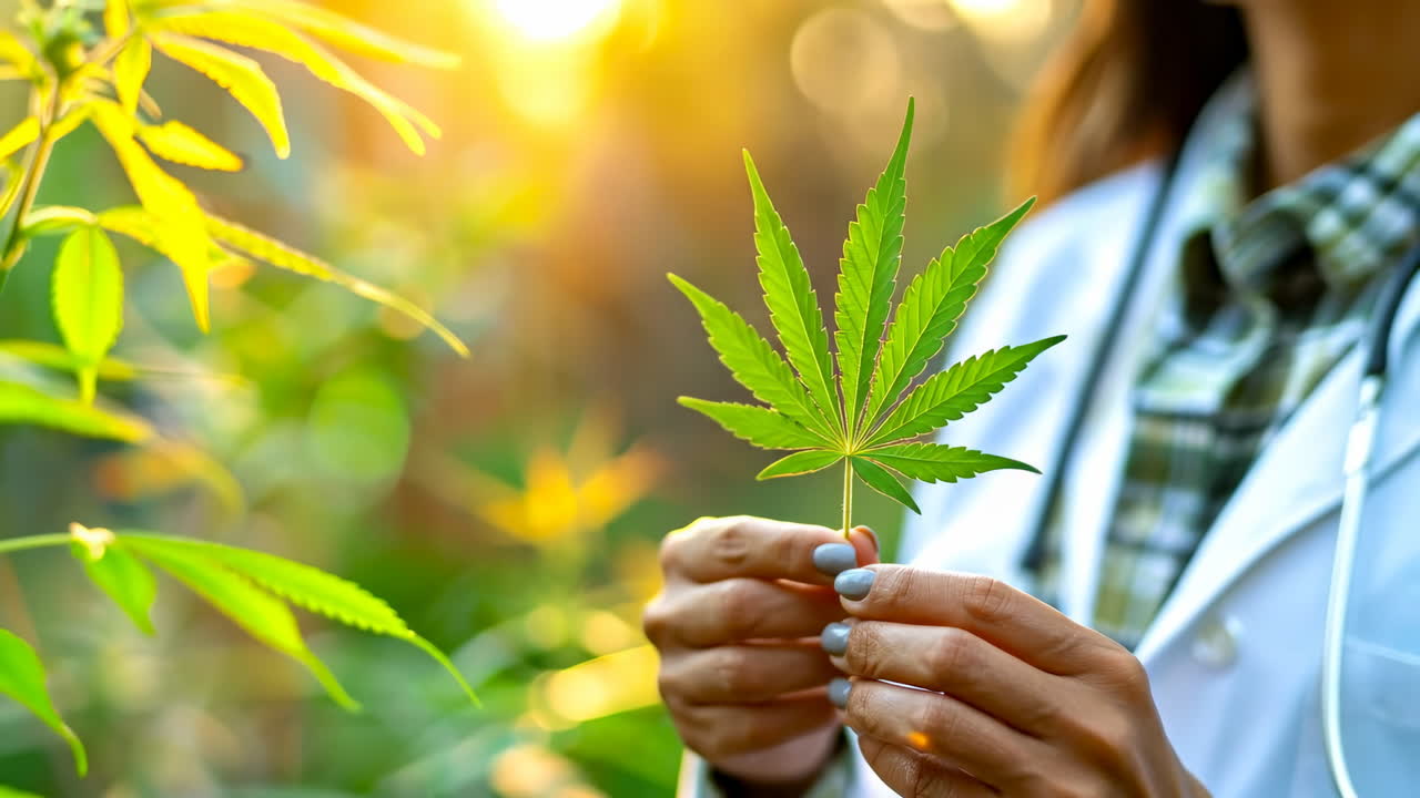 Exploring medicinal plants in a garden. A person in a white coat examines a cannabis leaf under the evening sunlight in a lush garden setting