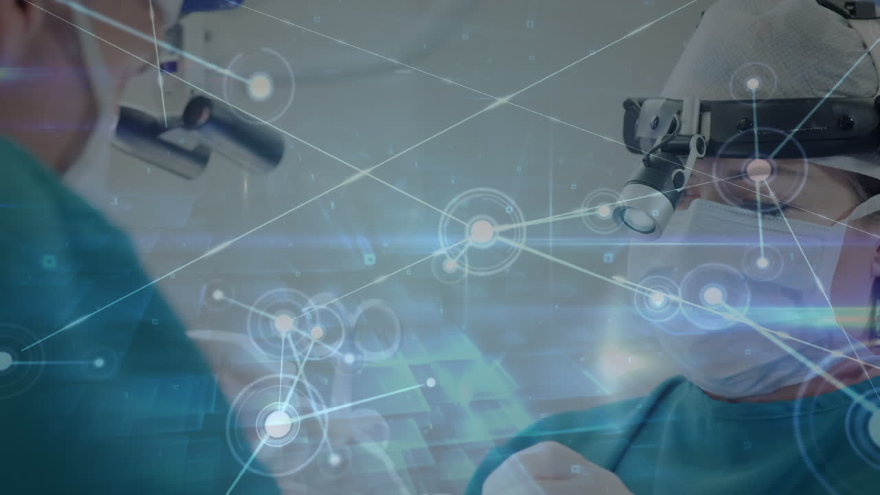 수술을 수행하는  ⁇ 안경을 착용한 남성과 여성 외과 의사에 대한 연결 네트워크