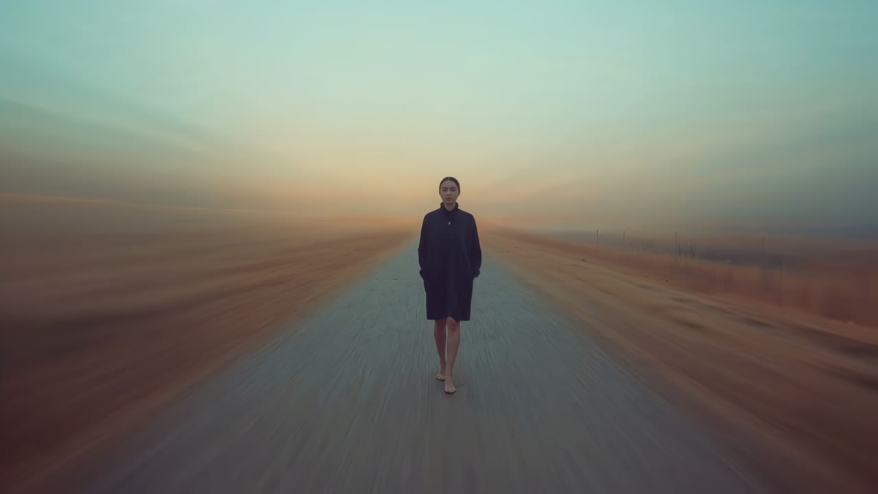 Camera rolling, walking woman wearing knee coat and flats closing toward lens on road for shoot
