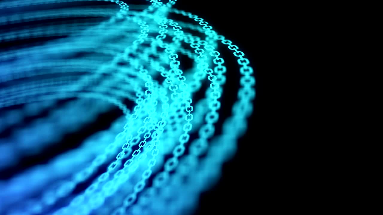 abstracto patrón de cadena móvil gradiente azul forma de círculo de color, minería de bitcoin concepto de diseño de criptomoneda brillando en el fondo negro, animación de bucle sin costuras 4k con espacio de copia