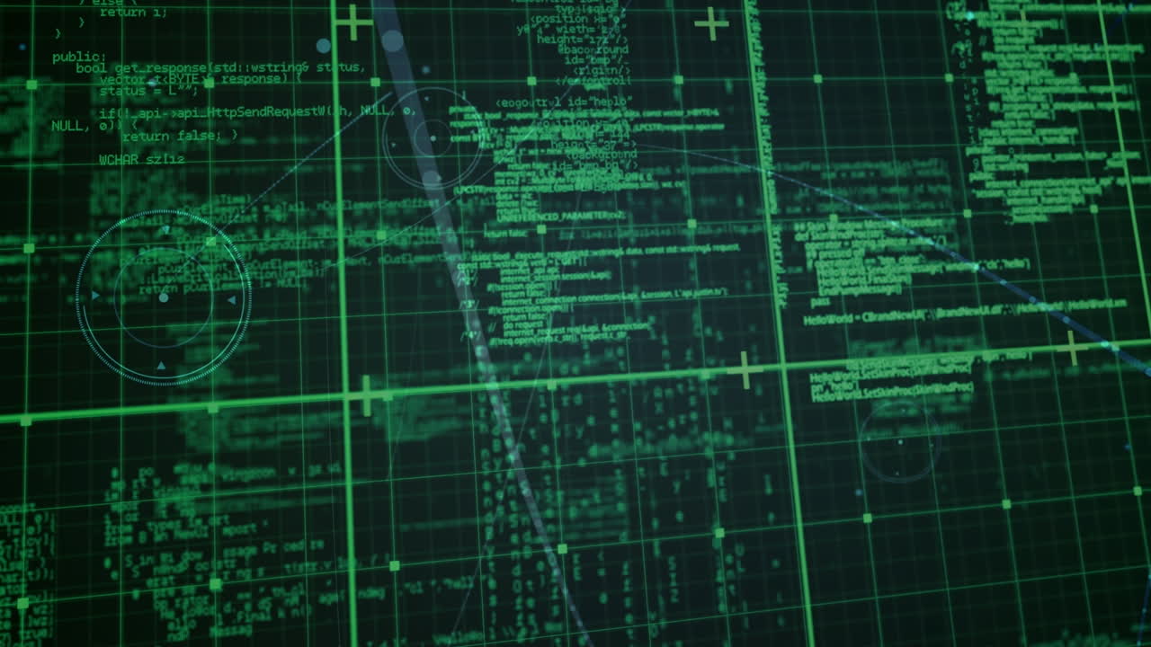 Animation of network of connections with icons and data processing over black background