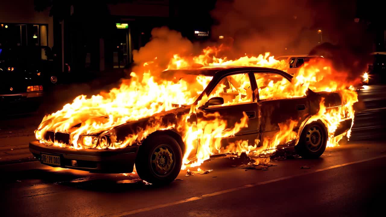 un coche está envuelto por llamas en el lado de la carretera