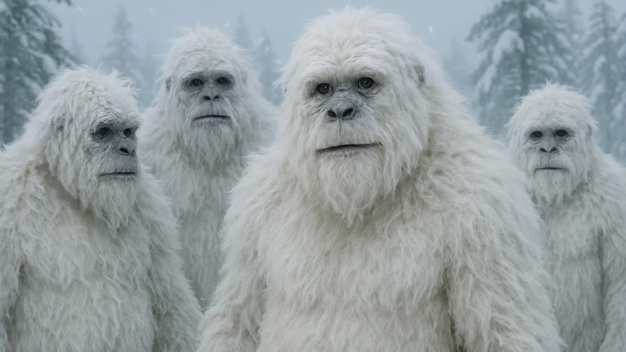 A group of yetis in a snowy forest, captured from a frontal angle