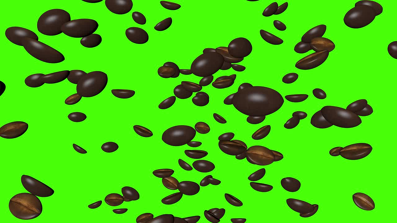 Animazione 3D di un gruppo di chicchi di caffè su schermo verde chroma key.