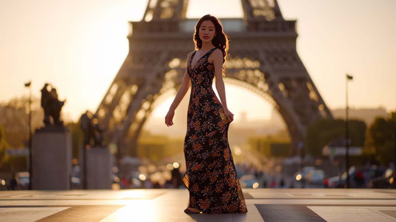Filmato cinematografico di una donna elegante in abito da sera floreale che cammina all'aperto con la Torre Eiffel sullo sfondo all'ora d'oro, Parigi, Francia.
