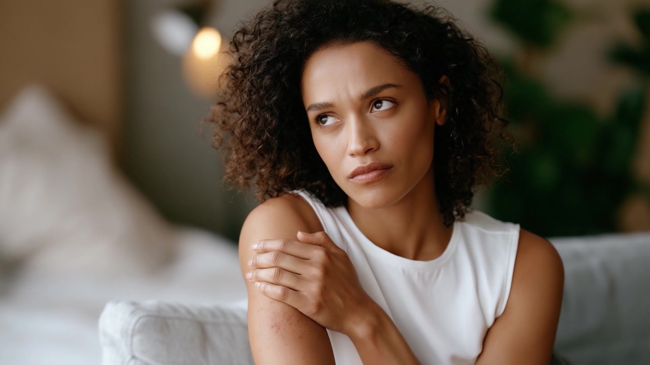 A contemplative woman with curly hair gazes thoughtfully into the distance, reflecting on her emotions while seated comfortably in a cozy indoor setting.