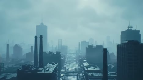 a desolate industrial cityscape shrouded in mist: the haunting beauty of urban structures enveloped in fog and the silent echoes of machinery