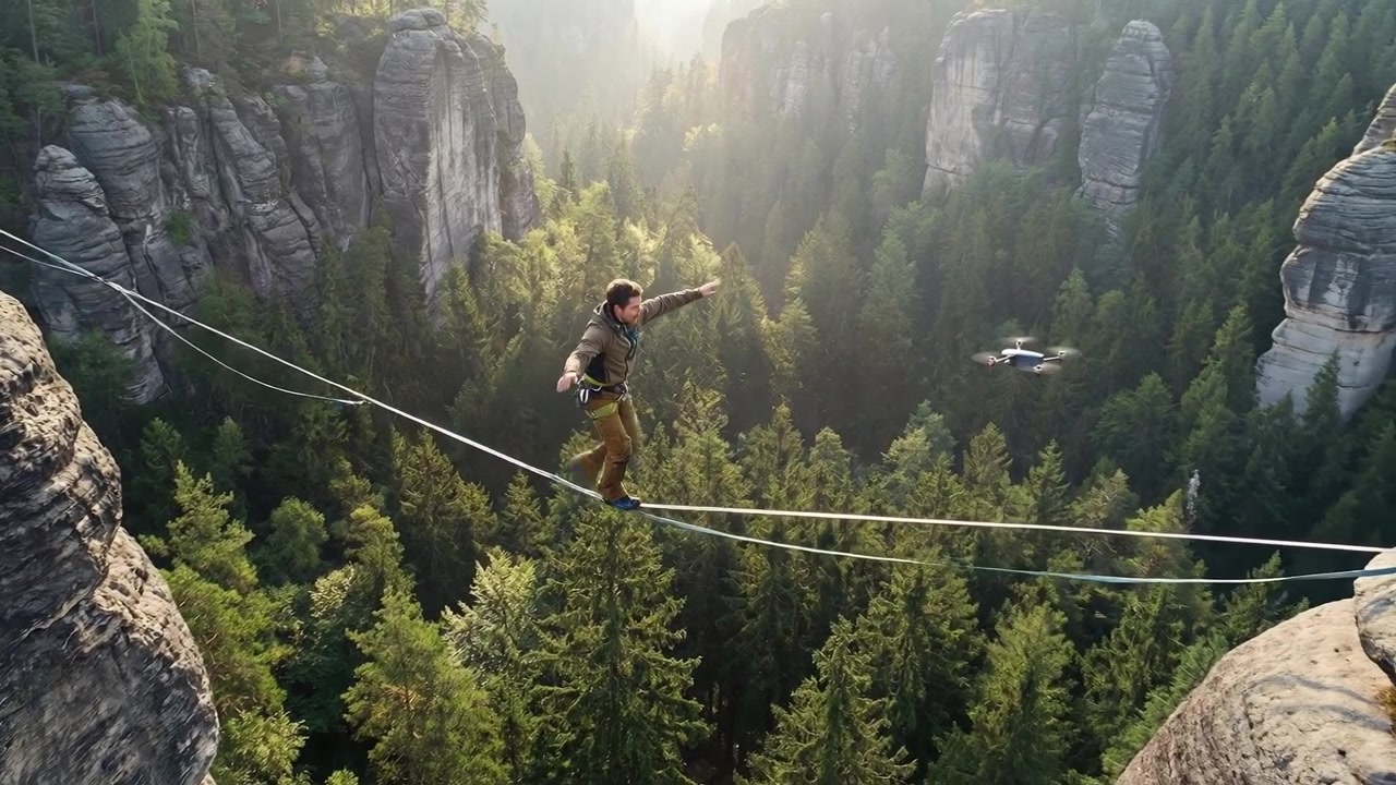 Persona avventurosa che cammina su una slackline highline tra ripide scogliere sopra una fitta foresta.