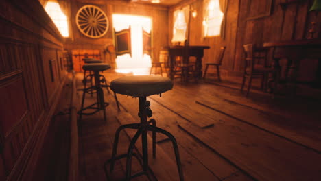 interior of a vintage saloon with wooden floors and stools during golden hour