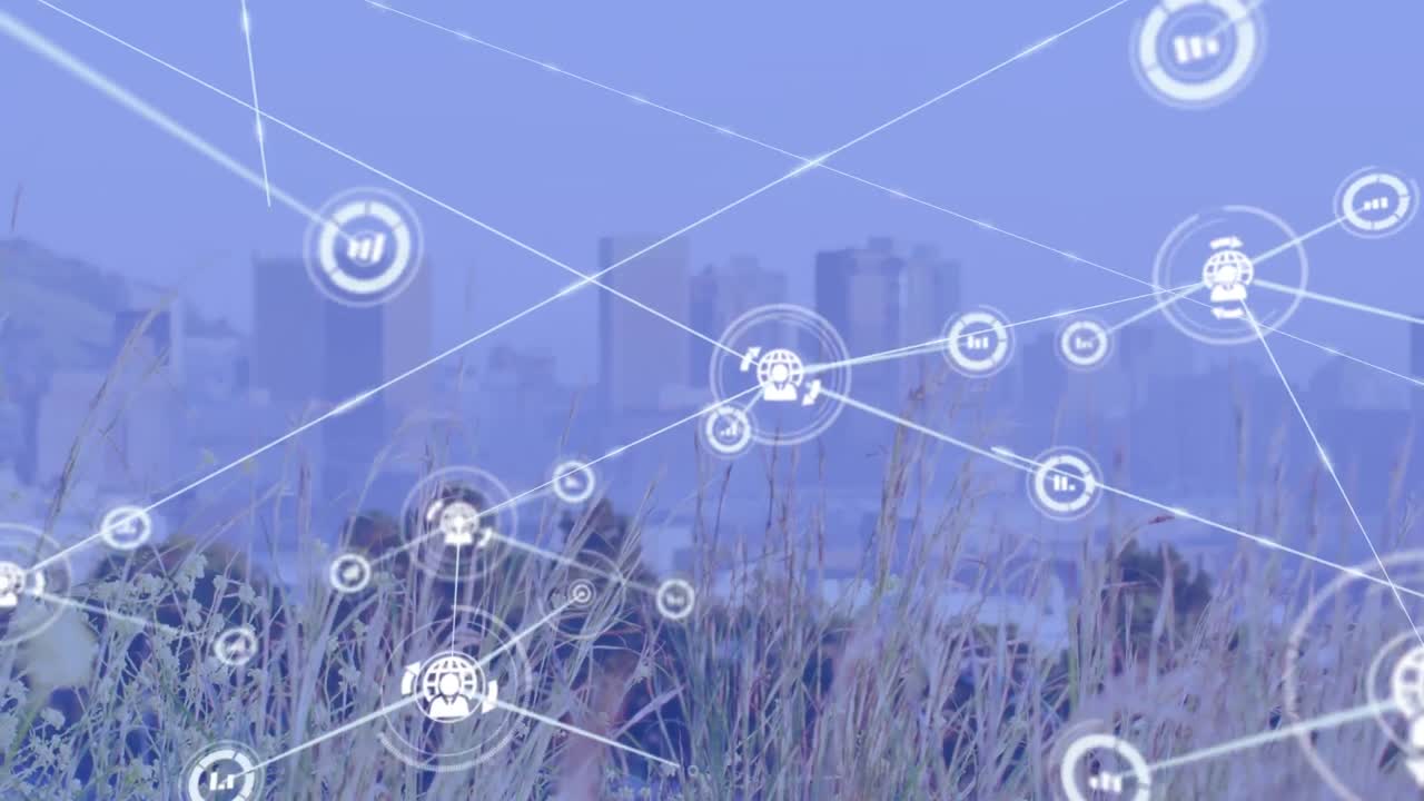 도시 풍경 위의 아이콘으로 연결된 네트워크의 애니메이션