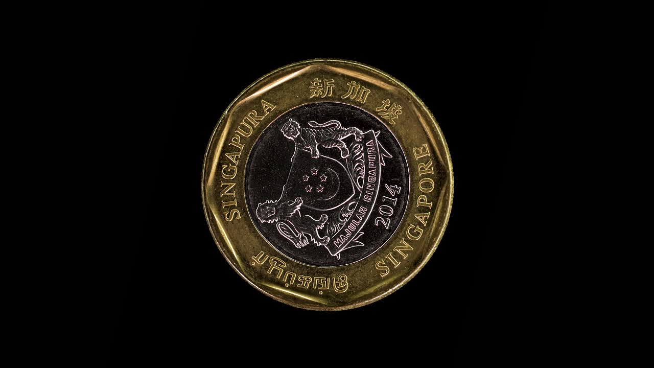 Singapore 1 dollar 2014 obverse with national coat of arms and multilingual inscription, macro loop on black background