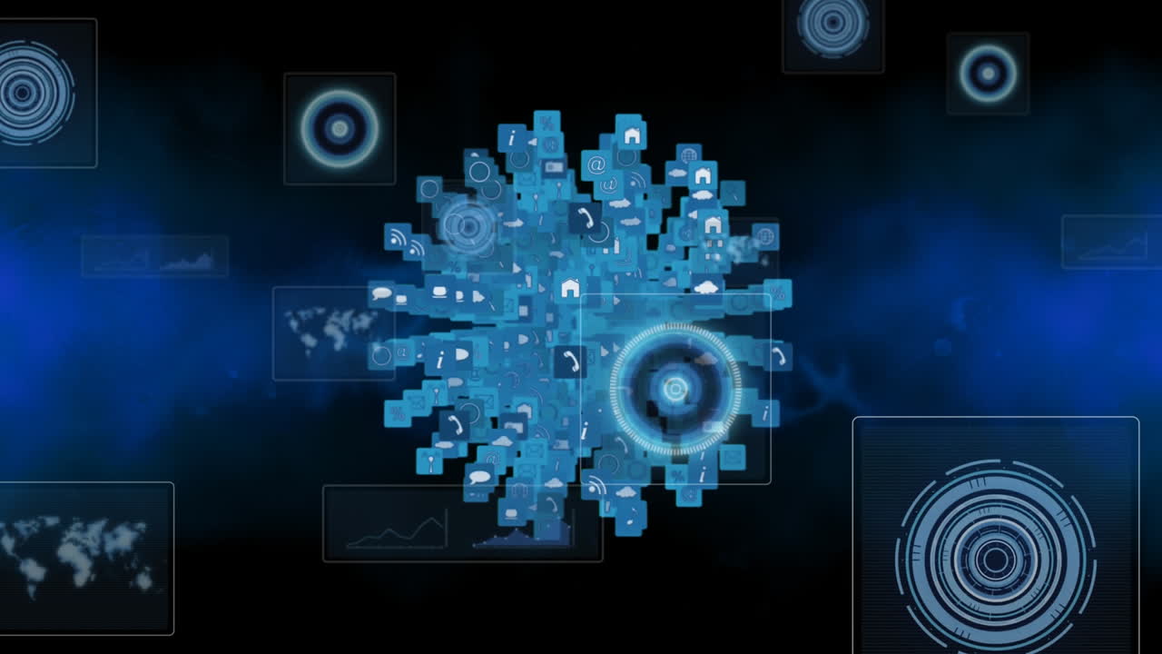 Animation of scopes scanning on screens and globe of digital icons ...