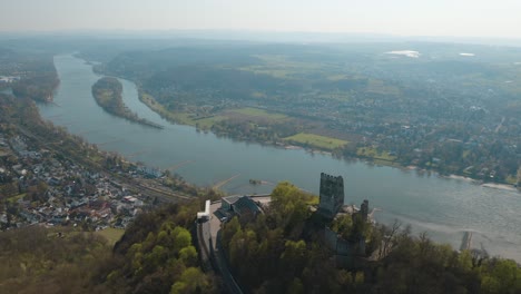 Drone---Aerial-Shot-Of-The-Drachenfels-And-The-River-Rhine-Siebengebirge-Near-Bonn---Königswinter