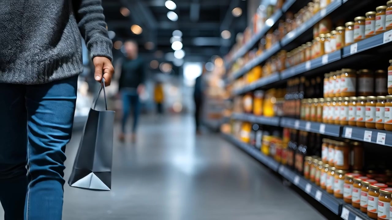 Person holding a black shopping bag while walking through a grocery store aisle with shelves