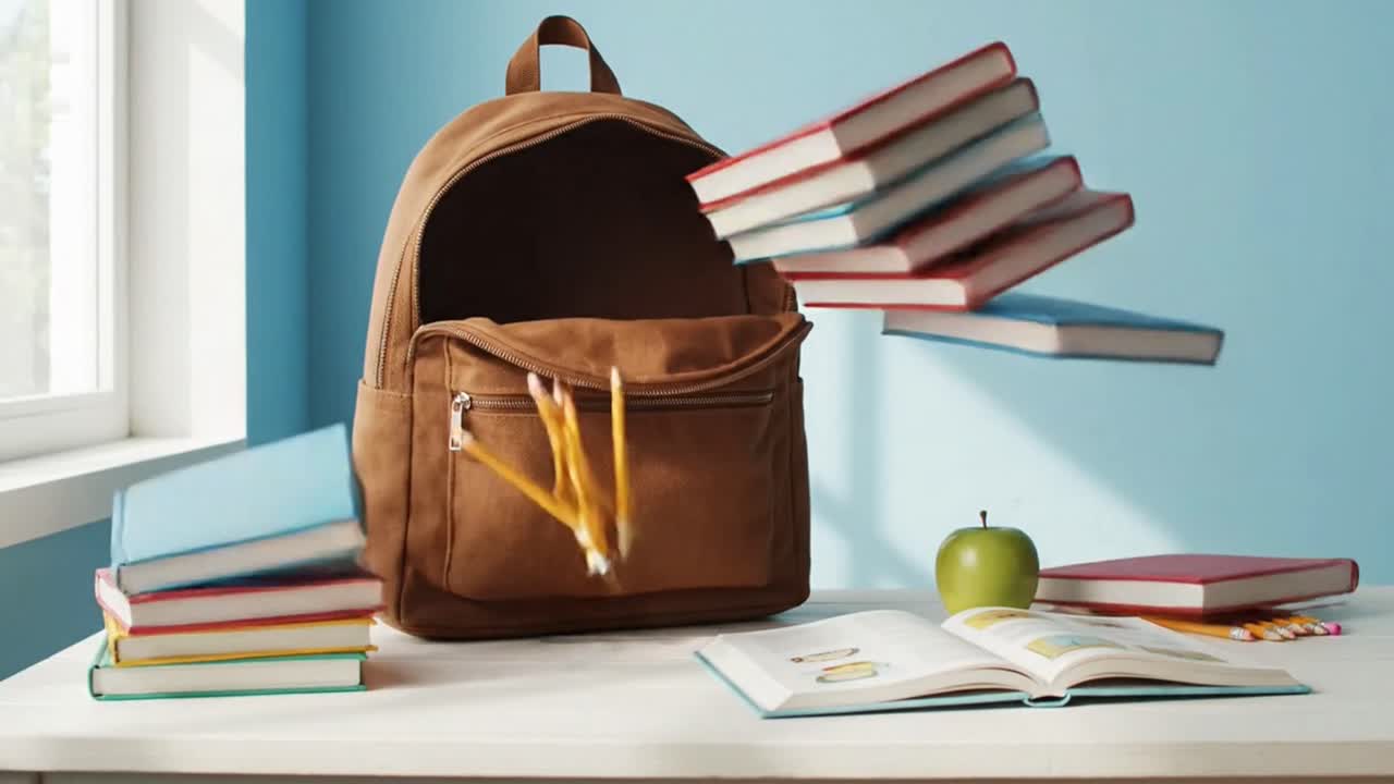 Brown Canvas Backpack on a Desk with a Book and Green Apple