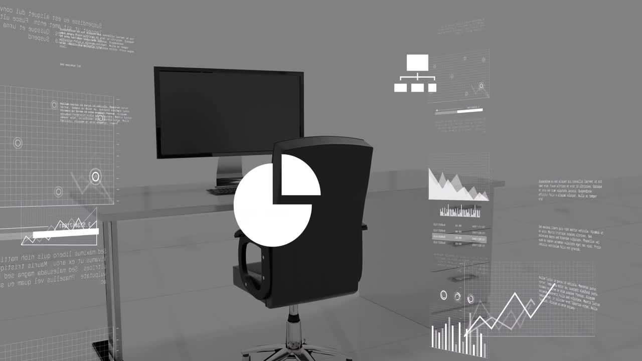 회색 배경에 대한 사무실 책상 위의 데이터 처리의 애니메이션