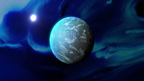 animation of blue planet and moon in blue space