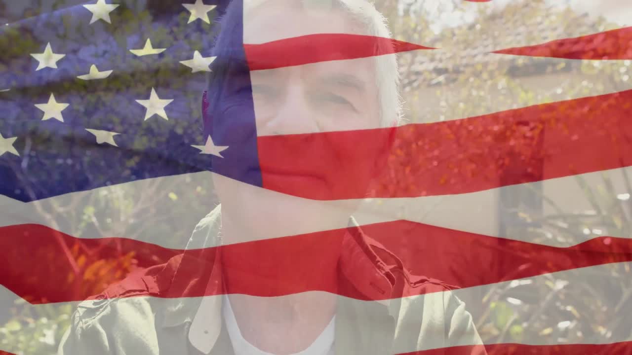 은퇴한 백인 남자가 팔을 고 서 있는 미국 발의 애니메이션