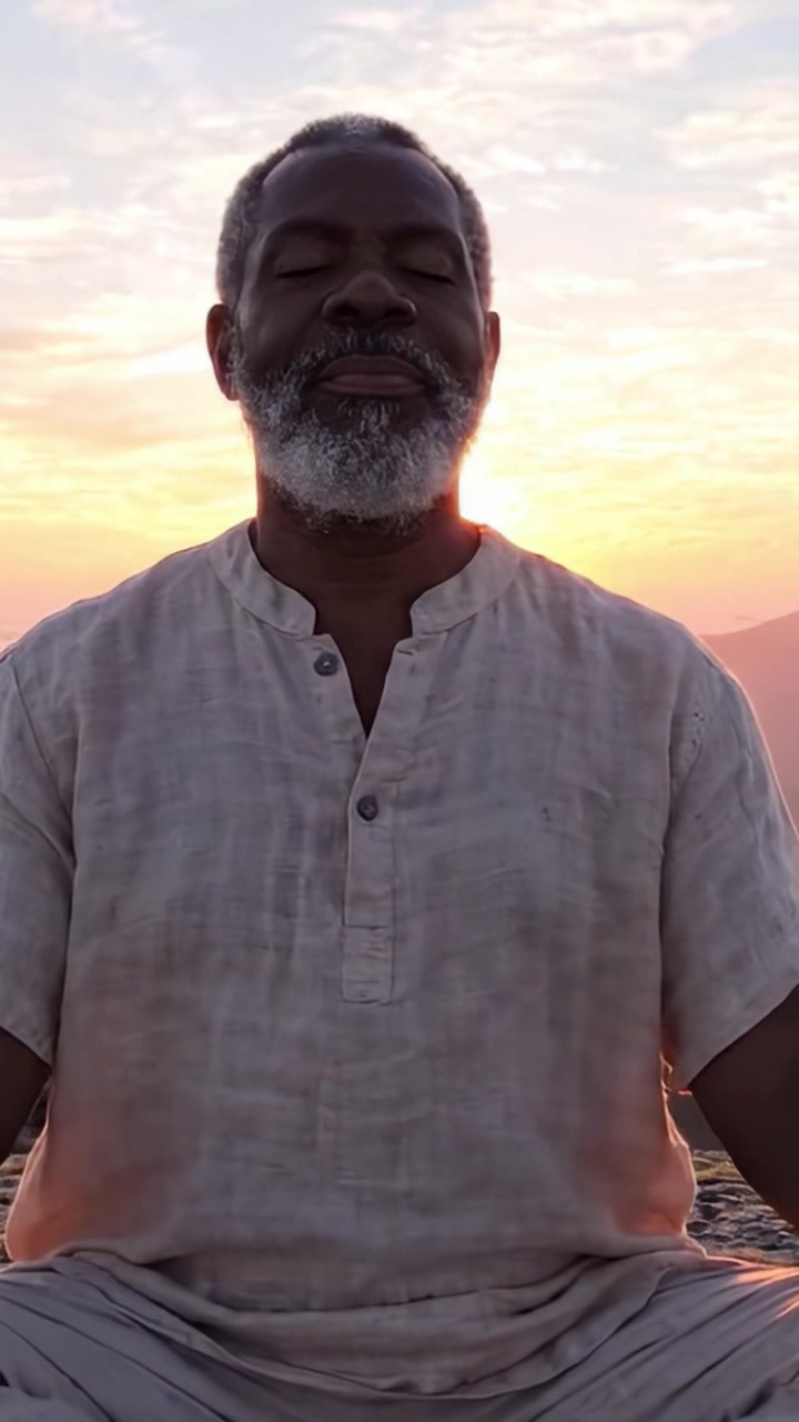 Pratica meditativa al tramonto: un momento sereno di consapevolezza e pace interiore con viste mozzafiato sulle montagne e una luce soffusa e calda che brilla sullo sfondo
