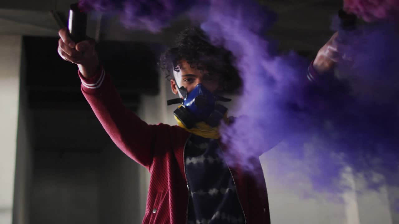 Yellow icons filling frame, shifting and exposing man raising arm holding cylinder for marketing