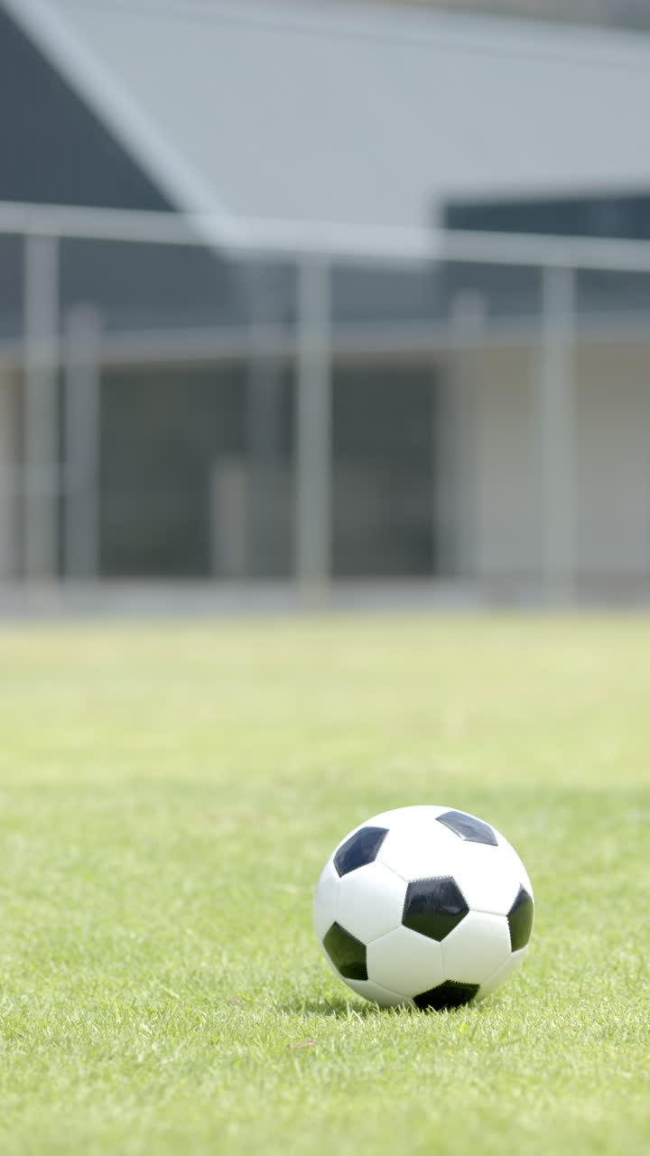 Vertikal video: Fodbold ligger på grønt græs med et mål i baggrunden.