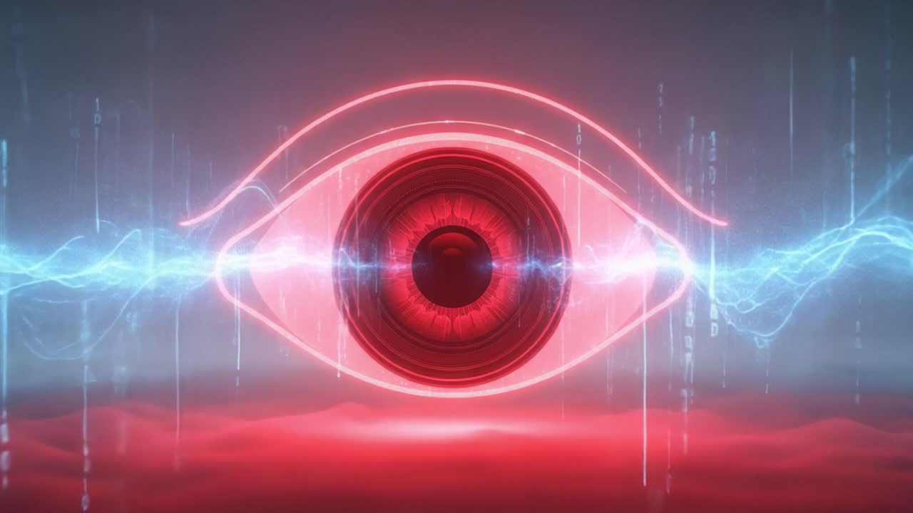 A Futuristic Interpretation of Vision: An Artistic Representation of a Red Eye Surrounded by Digital Waves and Data Streams for Enhanced Awareness