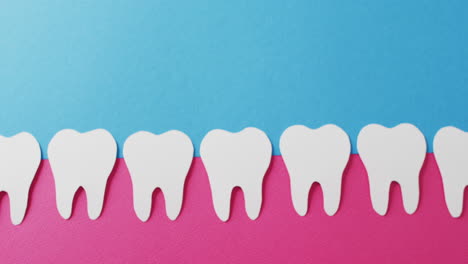 video of white paper teeth in pink gum on blue background with copy space