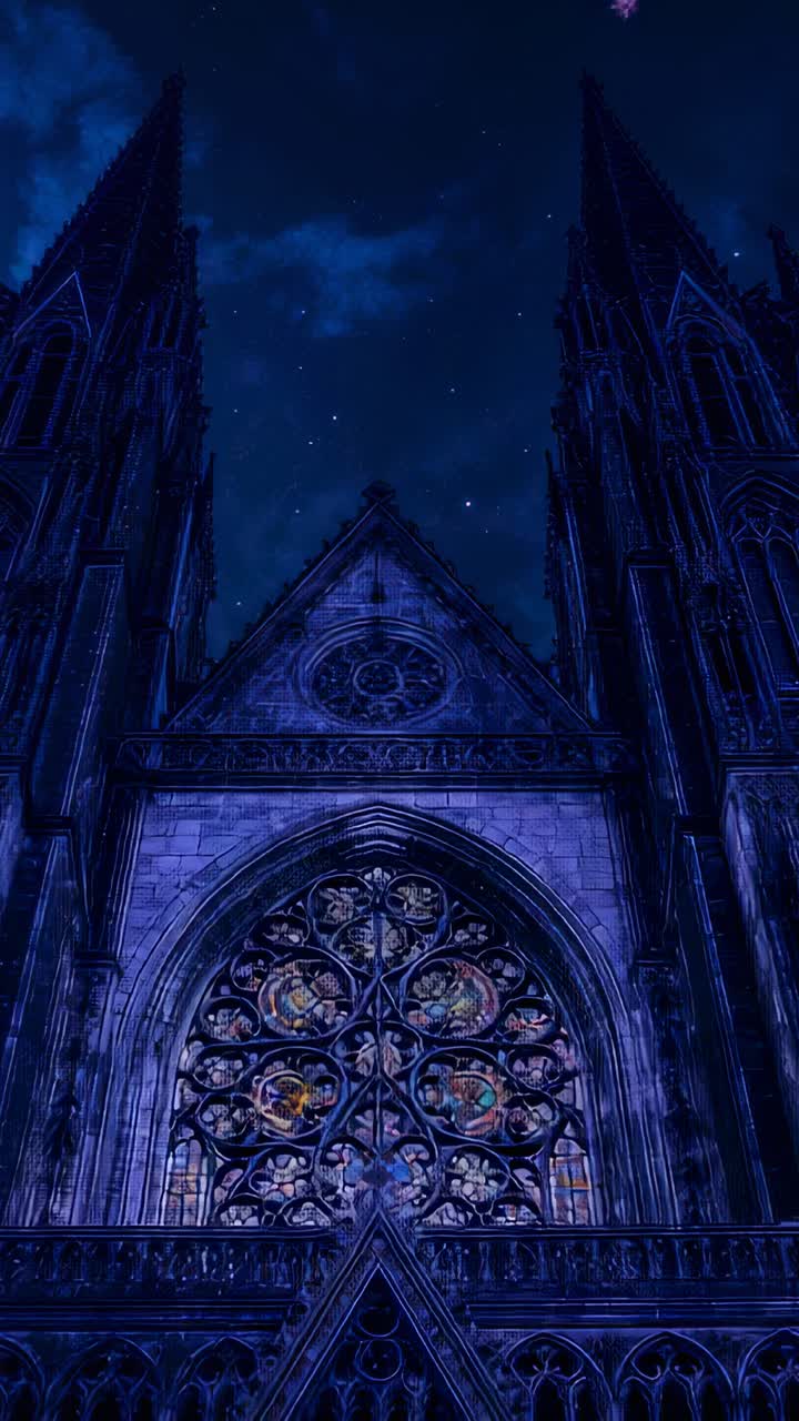 Vertical video: Dusk bringing Gothic facade into view at night, revealing rose window and spires