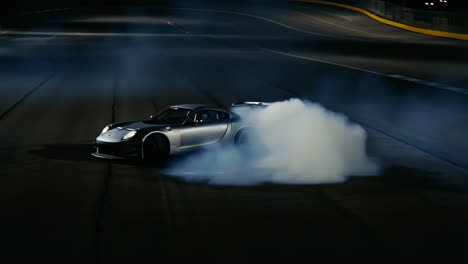 a sports car drifting on a race track at night, creating large plumes of smoke