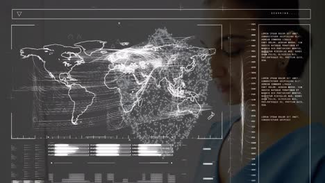 Animación-Del-Procesamiento-De-Datos-Con-Mapa-Mundial-Sobre-Doctora-Birracial